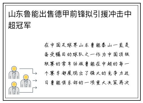 山东鲁能出售德甲前锋拟引援冲击中超冠军